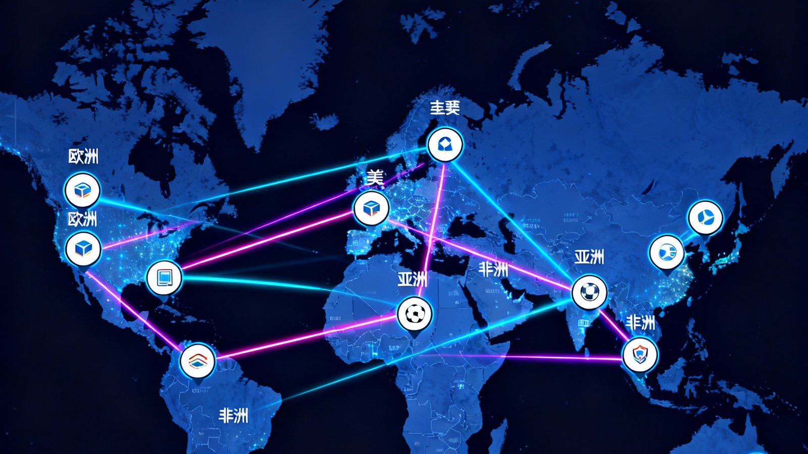 捷报比分全球数据采集节点分布地图，展示32个数据节点的地理位置，覆盖欧洲、南美、亚洲、非洲等主要足球市场，节点之间用霓虹色连线表示数据传输路径