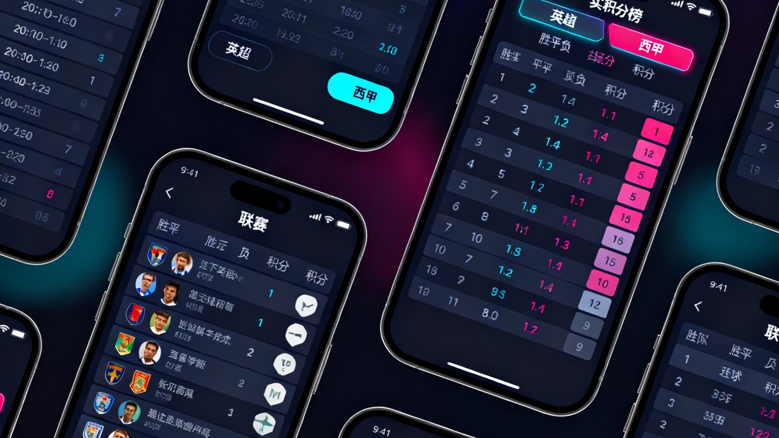 捷报比分手机版赛程表与积分榜功能界面，展示多个联赛的赛程安排和实时积分排名，支持左右滑动切换不同联赛，界面采用深色主题配霓虹色高亮